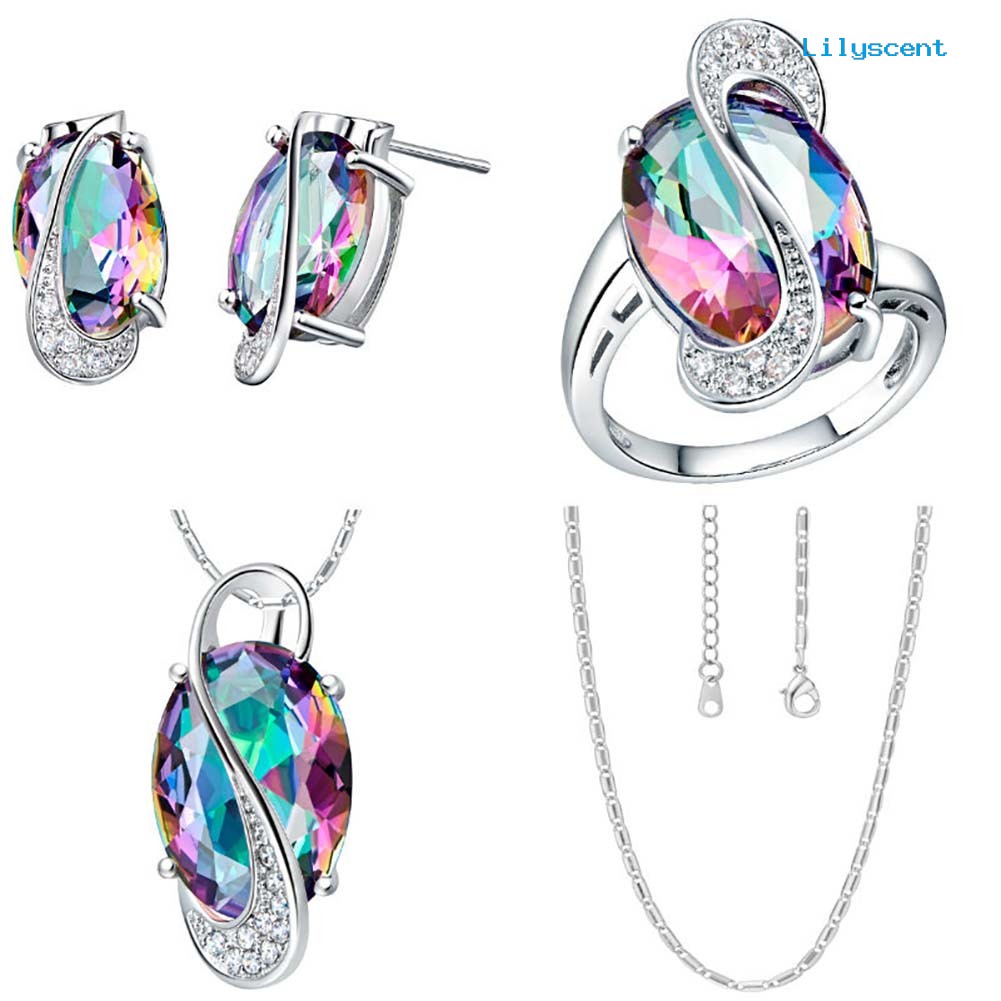 [LS] Fashion Wanita Pelangi Imitasi Topaz Liontin Kalung Anting Cincin Perhiasan Set