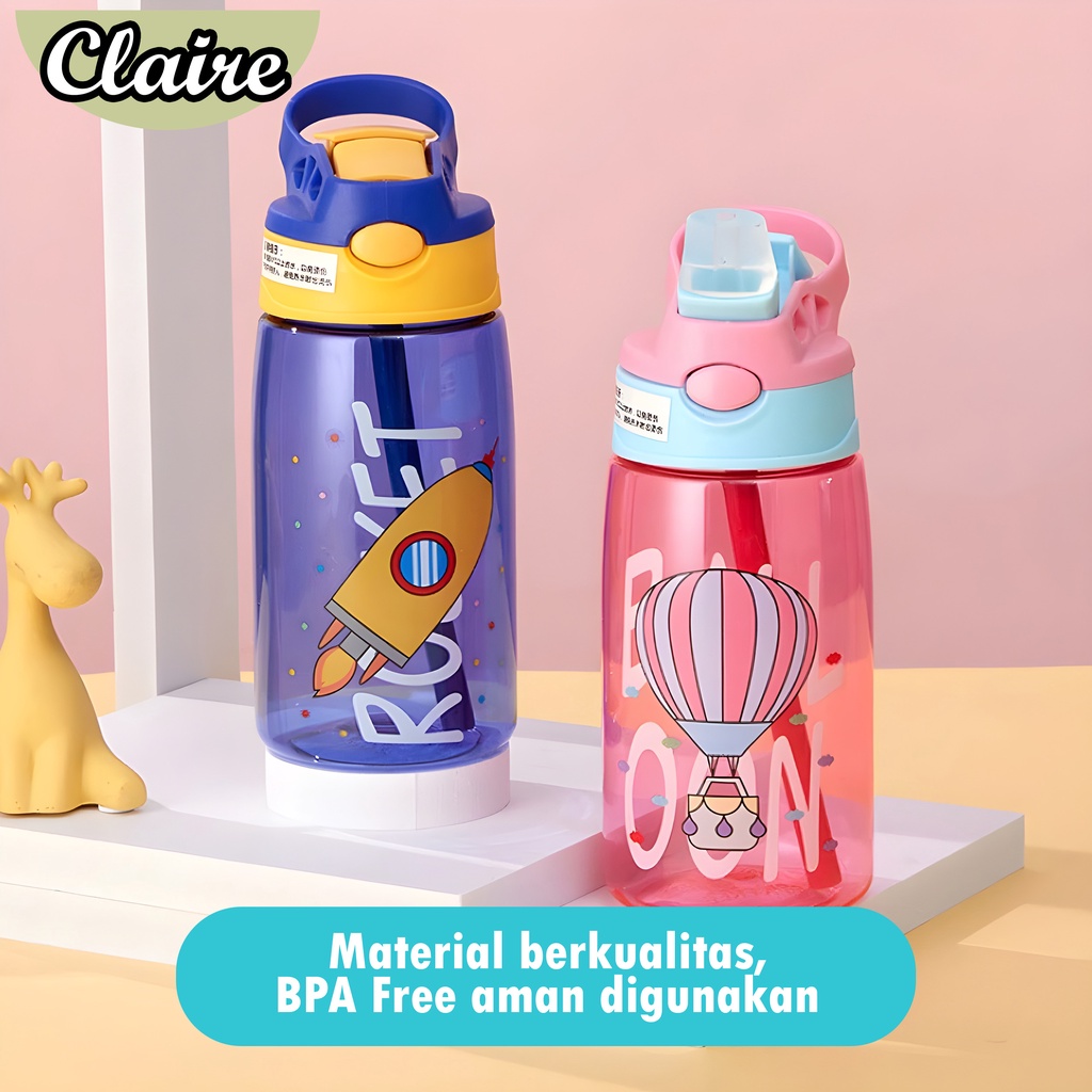 Botol Air Minum 480 ml / Botol Minum Anak Lucu Motif Karakter Imut dengan Sedotan BPA FREE