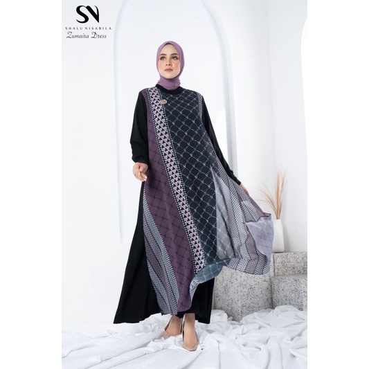 Gamis Shalu Nisabila - Dress Zumaira bahan jetblack kombinasi ceruty eksklusif printing