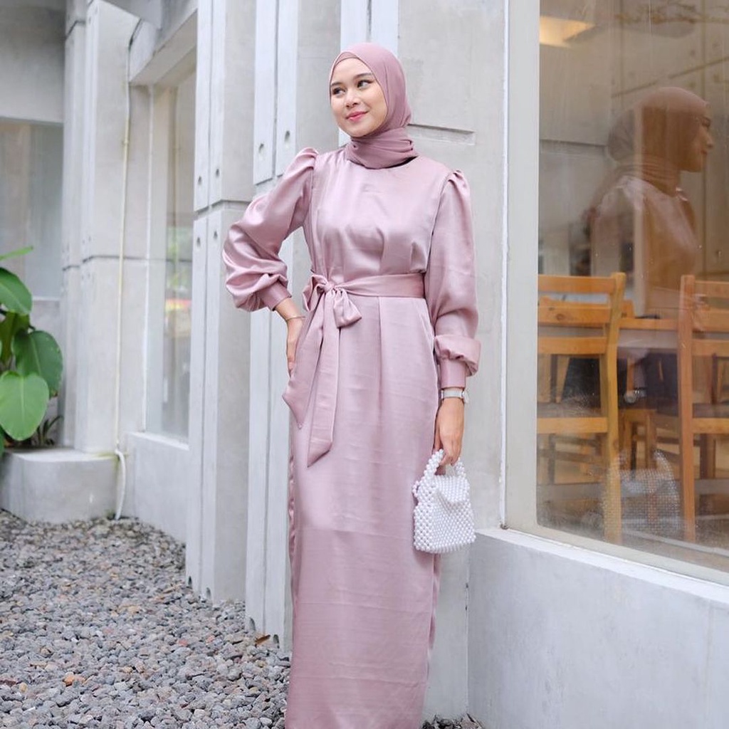 Tiara Silk Dress Polos Lengan Panjang Long Dress Satin Silk Wanita