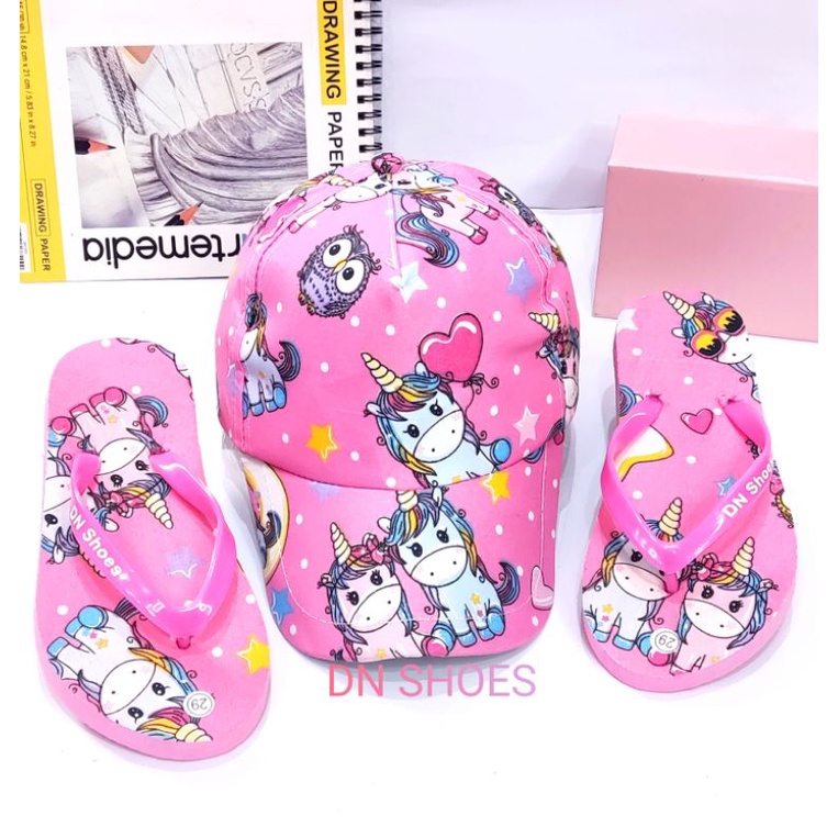 Paket Sandal dan Topi Anak Perempuan Paket Sandal Jepit Anak Topi Baseball Anak Lucu Murah Karakter Unicorn Pink