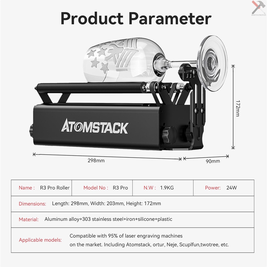 Roller ATOMSTACK R3 PRO Untuk Benda Irregular Silinder Dengan360° Sumbu Ukir Putar 8penyesuaian Sudut Penyangga Frame Ukir Diameter Sekecil 4MM Kompatibel Dengan95%