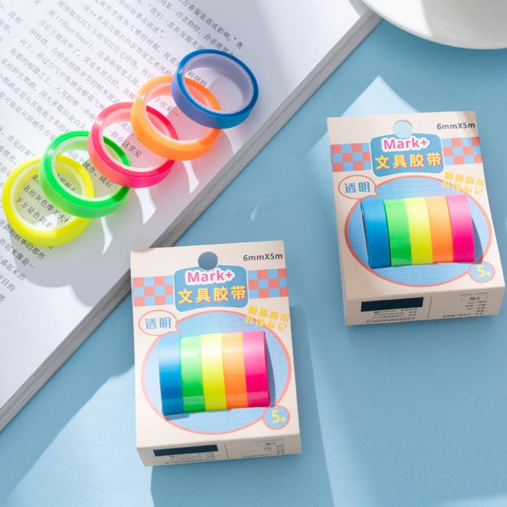 Agustina Selotip Neon 5roll Kawaii Sticky Notes DIY Dekorasi Alat Tulis Siswa Perlengkapan Sekolah Label Bookmark