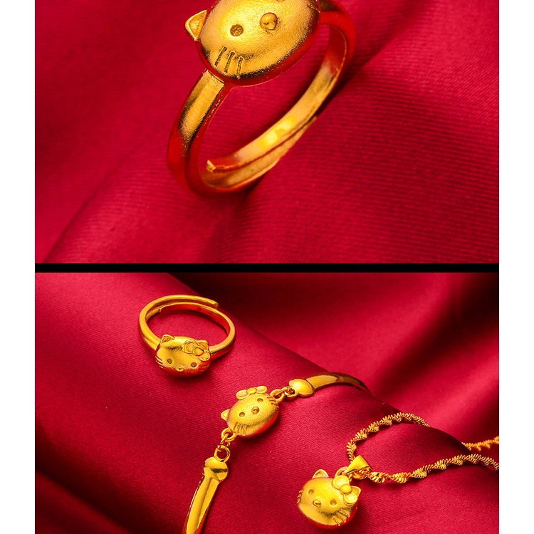 Goldkingdom Perhiasan Fashion Emas Asli Kadar 375Bangkok Aksesoris Ready Stock Wanita Beruntung Kucing Cincin Gelang Liontin Kalung Rantai
