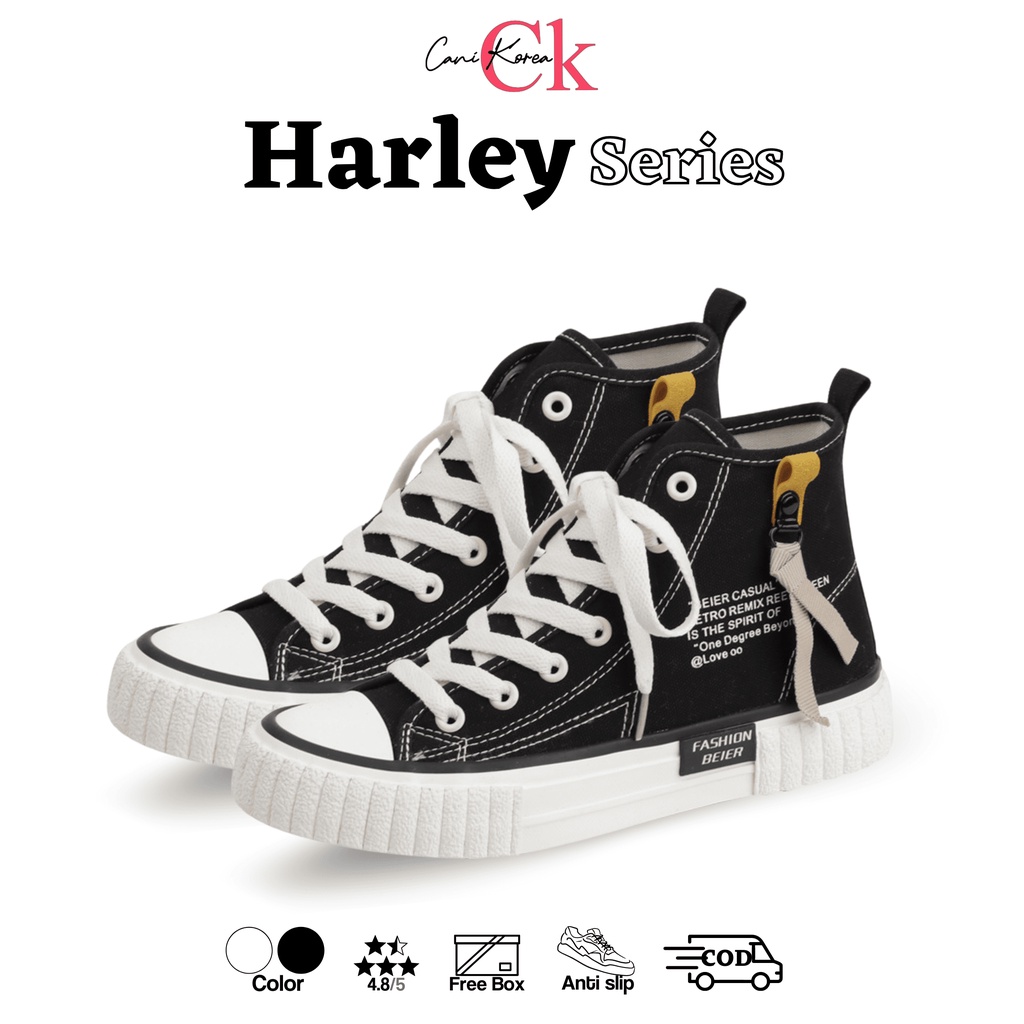 Honeyfeet &quot;FREE BOX&quot; Harley Sepatu Wanita Ankle Tinggi Sneakers Kets Bertali Trendy Fashion Shoes Kanvas Import Premium Quality 9045