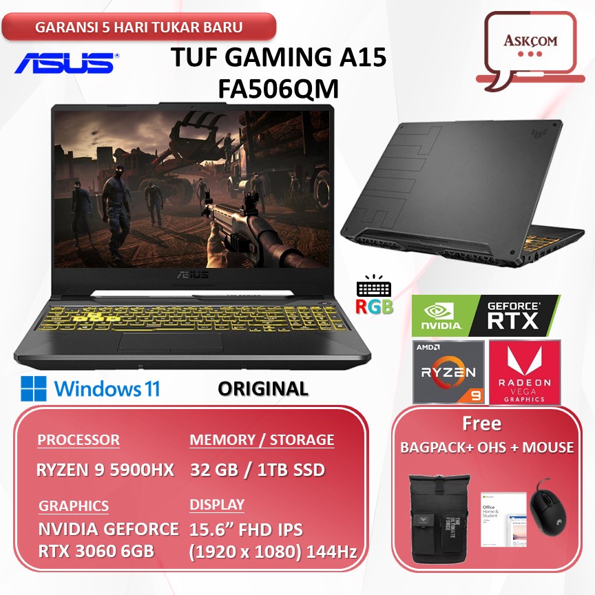 Laptop Gaming Asus TUF A15 FA506QM RTX3060 6GB Ryzen 9 5900HX 32GB 1TB SSD 15.6FHD 144Hz Win11+OHS