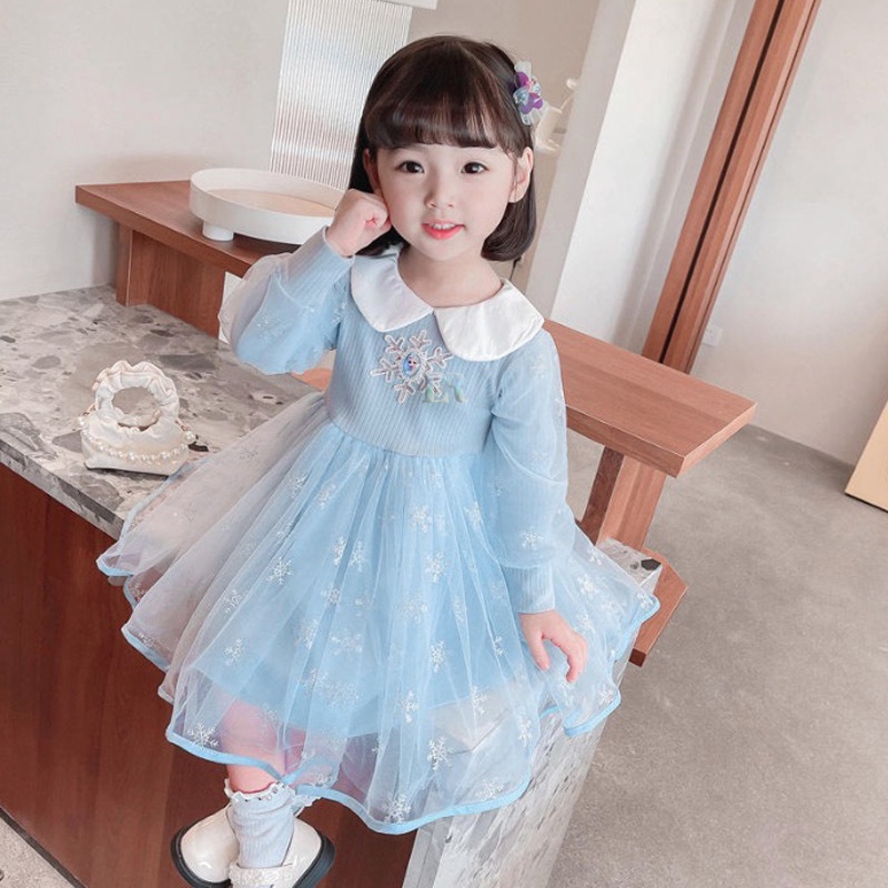 LNR Shop Free Tongkat Sihir + Mahkota Gaun Dress Anak Perempuan Motif Frozen Dengan Kerah Lengan Panjang Rok Tutu Dua Layer Birthday Party Gaun Pesta Ulang Tahun Princess Bahan Cotton Halus Tangan Ruffle Dress Natal Lebaran Hari Raya Idul Fitri Imlek