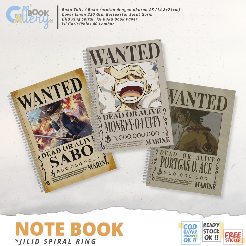 

[SP] Buku Tulis / Buku Catatan / Note book Anime One Piece, Wanted Monkey D. Luffy, Portgas D. Ace, Sabo (ASL) Wanted Jilid Ring Spiral Dengan isi Book Paper Garis/Polos 50 Lembar Free Poster dan Stiker Ukuran A5