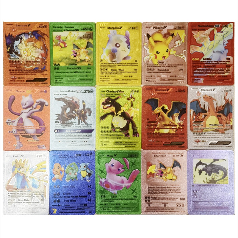 10 Pcs 54 Pcs Logam Kartu Pikachu Emas Inggris Warna-Warni Charizard Pikachu Vmax GX EX Battle Trainer Cards Koleksi Game Booster Mainan Anak