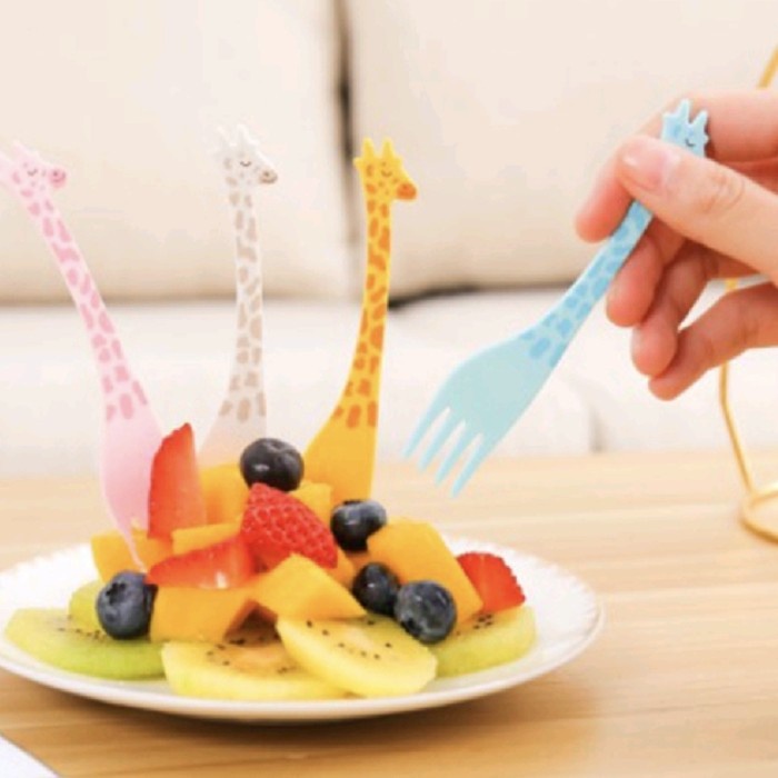 12 pcs Set Garpu Makan Jerapah Giraffe Tusuk Buah Kue Bento Plastik