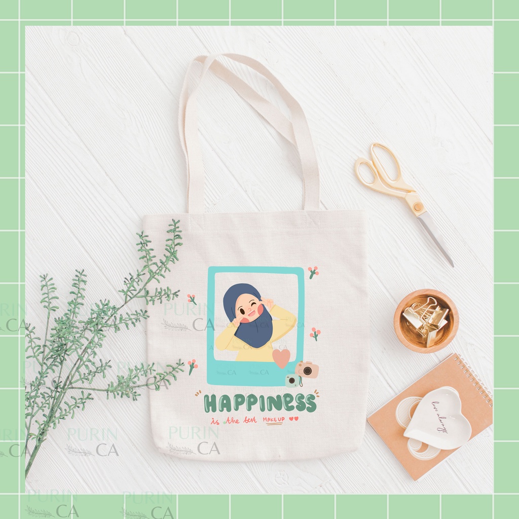 Tas Serut / Tote Bag Kanvas HAPPY HIJAB GIRLS CUTE