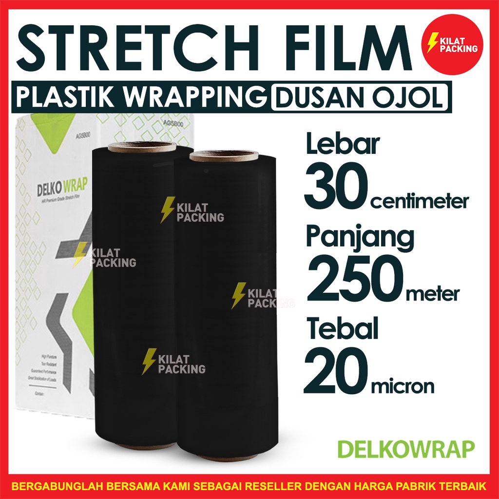 

PLASTIK WRAP KUAT TERMURAH - STRETCH FILM HITAM - DELKOWRAP - 30CM X 250M DUS GOJEK/GRAB 12 Pcs