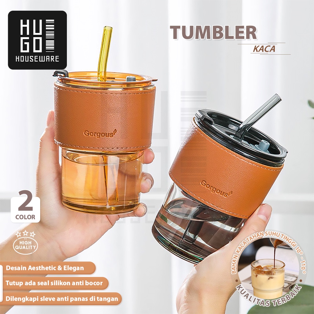 HUGO Tumbler Kaca 400 ml Gelas Minum Kaca Bening Aesthetic Coffee Cup Anti Tumpah