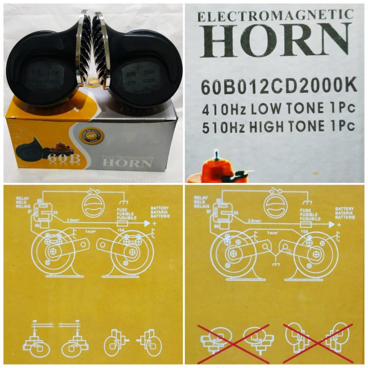 Electromagnetic Horn 60B 12V High-Low Tone - 1 Set Klakson Keong Untuk Mobil dan Motor