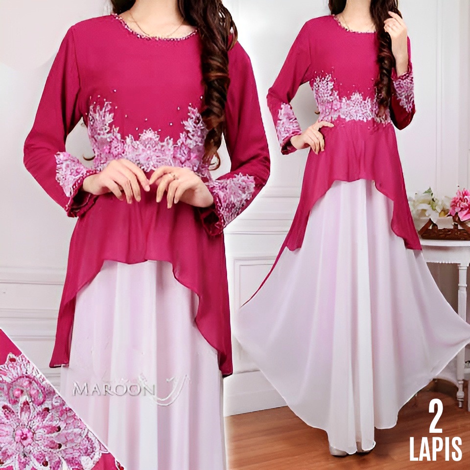 Gamis Chiffon Ceruti Merah Marun Hias Brukat Payet Bahan Tebal 2 Lapis