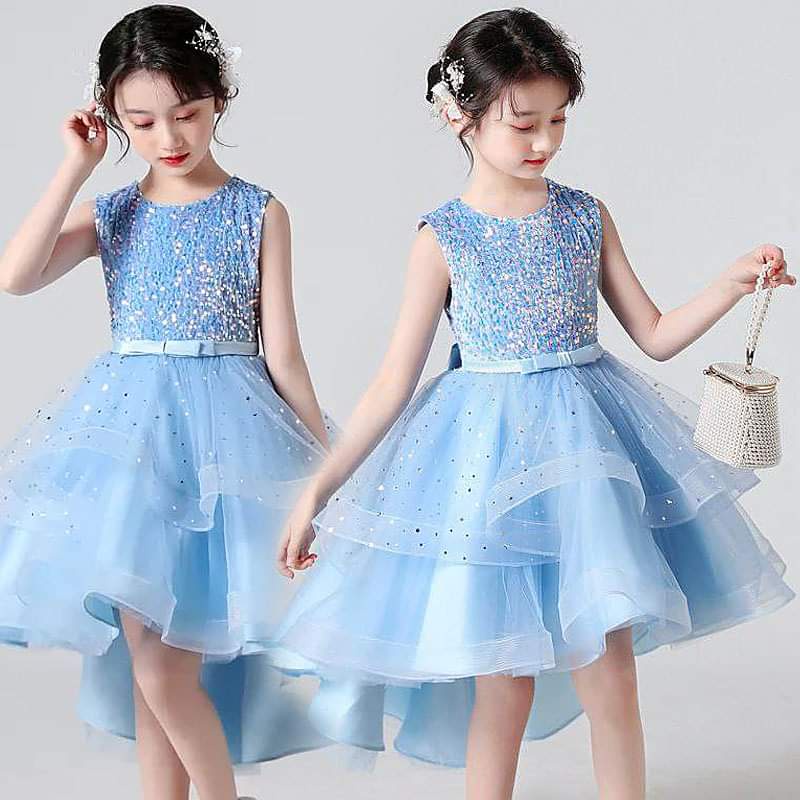 Party Dress Anak Warna biru muda Gaun Mewah Anak Perempuan Sequin Impor Blue