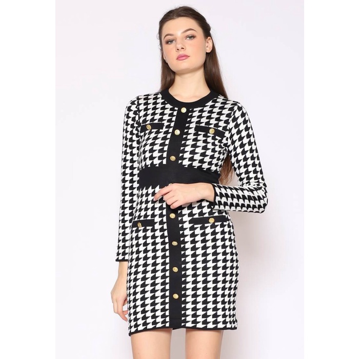 Georgia Dress Rajut Kancing Emas - Dress Wanita Rajut - Dress Hitam