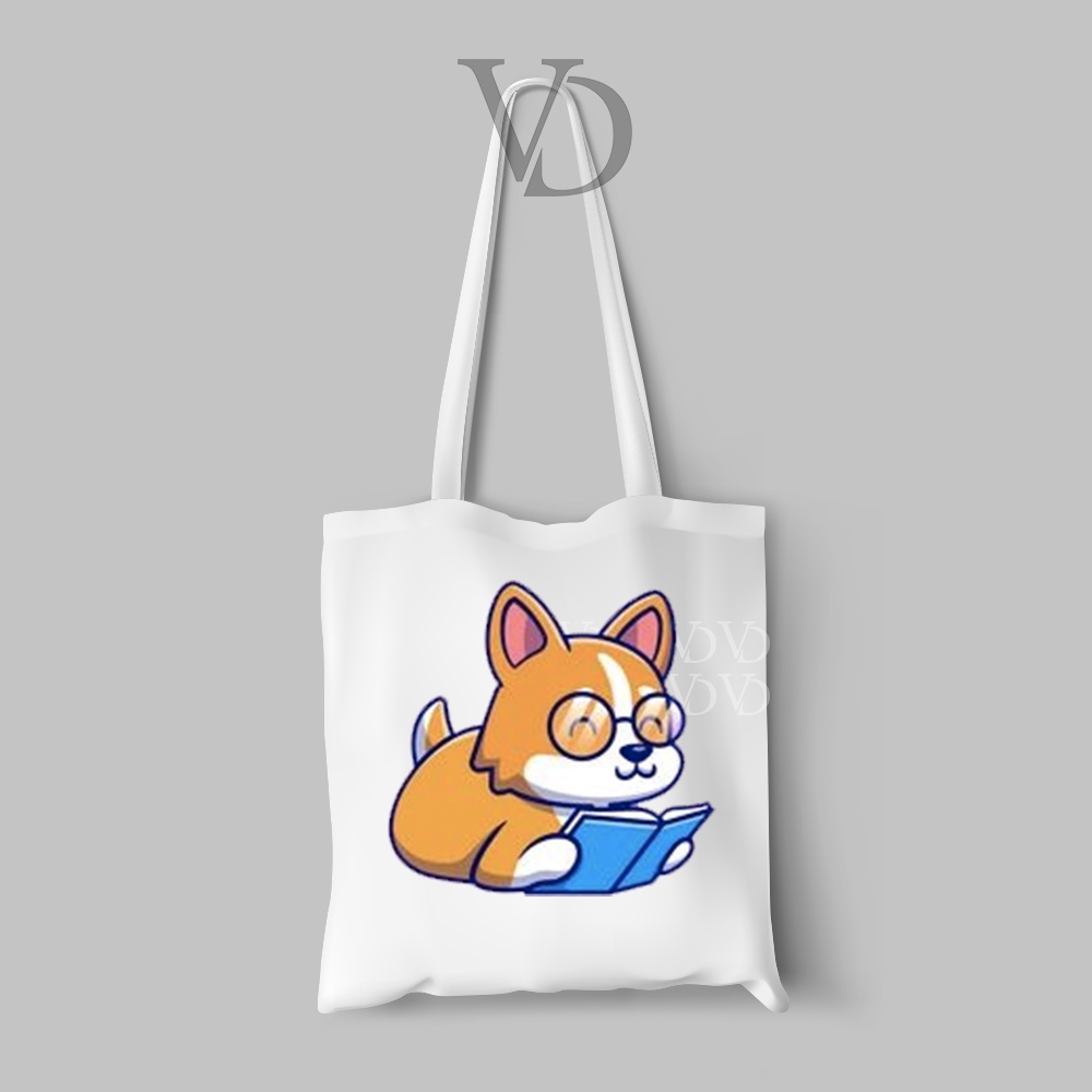 tote bag kanvas motif anjing corgy / totebag / tas belanja corgy cute