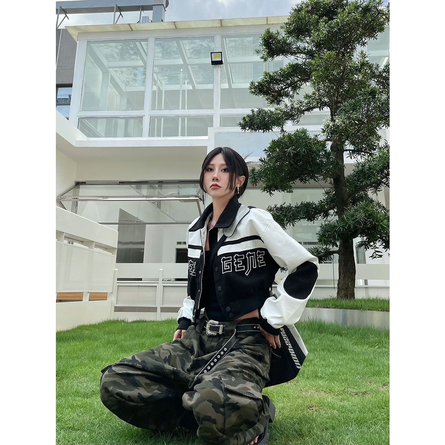 American Retro Gaya Jalan Jaket Baseball Wanita Wol PU Kulit Pendek Bersulam Patchwork Top