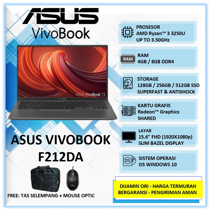 Laptop Murah Asus Vivobook F512DA Amd Ryzen 3 3250U Ram 8GB SSD 256GB 512GB 15.6" FHD Win10HOME Grey