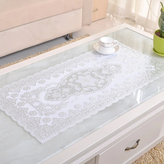 (Serba Serbi) Alas Meja Ruang Tamu Cantik / Taplak Meja Table Besar Tampilan Lebih Mewah -40x84 Motif Renda