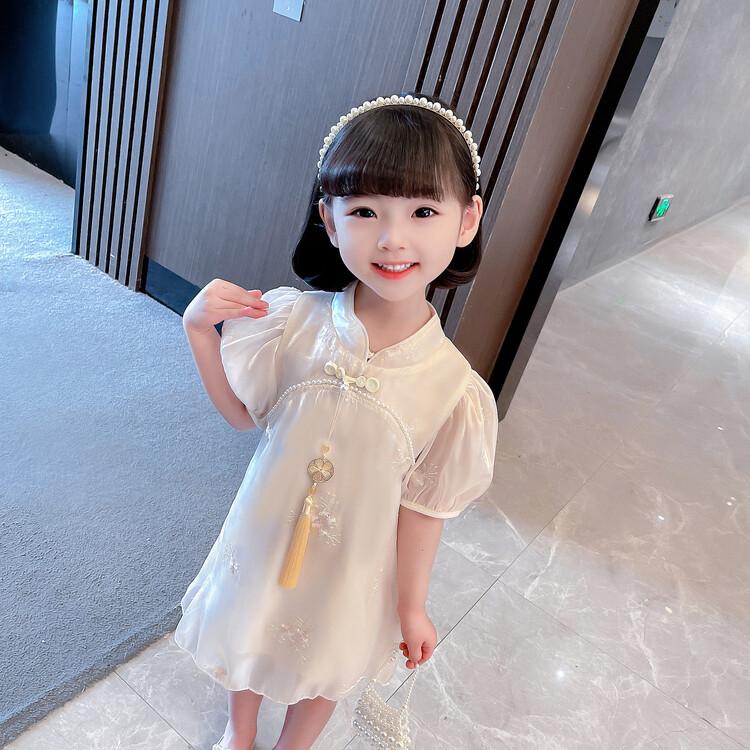 Dress Cheonsam Anak Perempuan Import Satin Bunga Mutiara BrokenWhite