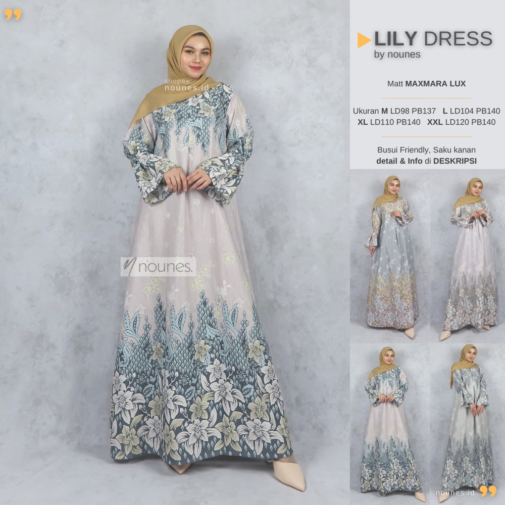 Nounes Lily Dress Gamis Wanita Remaja Dewasa Maxmara Lux Motif Bunga Busui Friendly Saku Kanan Model Abaya Loss Abu Pink Ungu muda M L XL Jumbo XXL LD 98 104 110 120