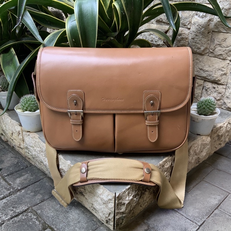 HERRINGBONE OLD PARM LEATHER CAMERA BAG BROWN DELUXE GENUINE LEATHER RARE