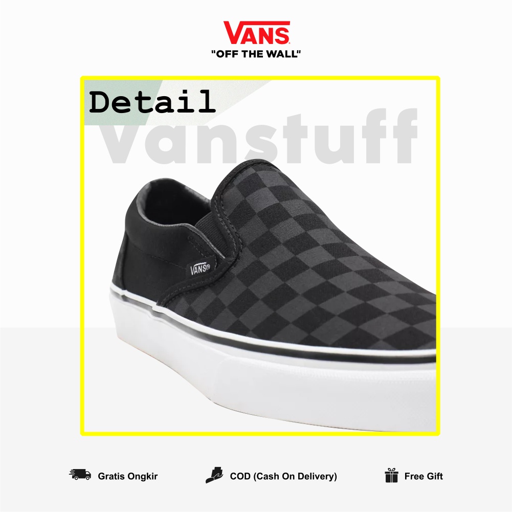 Vans Slip On Checkerboard Black Black White Cowok Original 100% BNIB Global Market Authentic Guarated Vanz Catur Ori