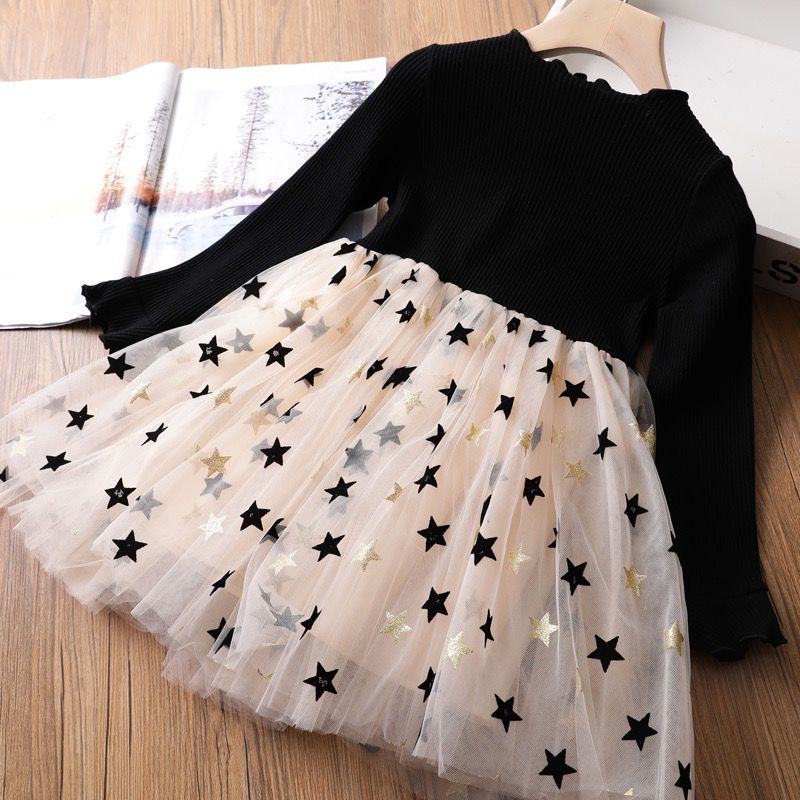 Dress Anak Perempuan Lengan Panjang Rok Tutu Motif Star