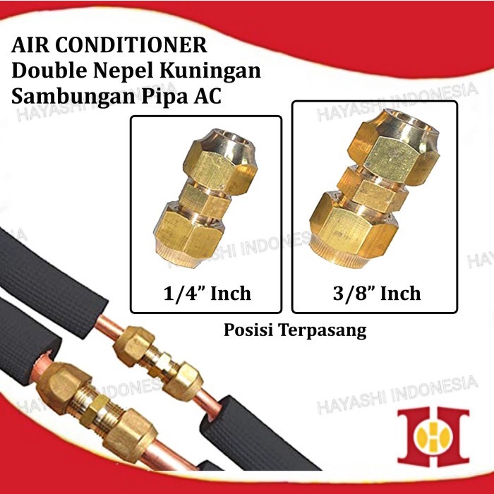 Double Nepel Nipple Set 1/4&quot; 3/8&quot; Sambungan Pipa AC Tembaga Kuningan