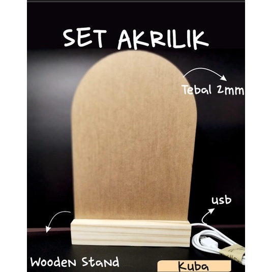 SET AKRILIK POLOS CAT CLEAR 2mm dengan standing kayu / standing led /stand kayu JATI BELANDA