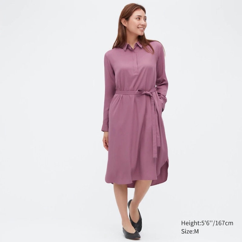 WOMEN Gaun Kemeja Rayon Lengan Panjang UNIQLO