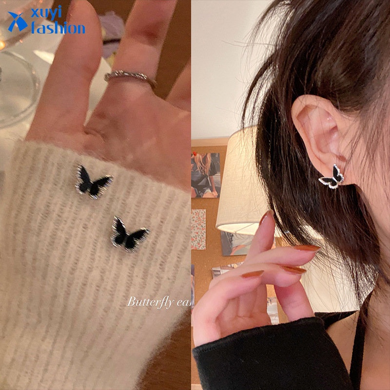 Anting Tusuk Hitam Butterfly Earing Hypoallergenic Elegan Untuk Aksesoris Perhiasan Wanita