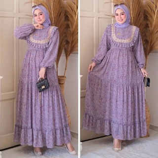 Sakura Dress Import / Gamis Ceruty Babydoll Renda Bermotif Bunga-bunga Full Puring / Pakaian Muslim Wanita / EF