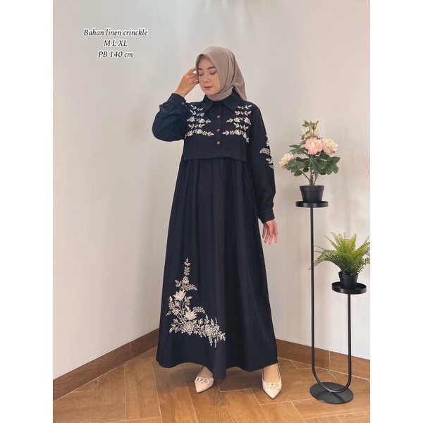 Zaja - Baju Gamis Perempuan Dewasa Polos Dress Muslim Linen Cringkle Bordir Cantik &amp; Anggun Fashion Muslim Perempuan Terbaru Pakaian Muslim Cewek Mewah