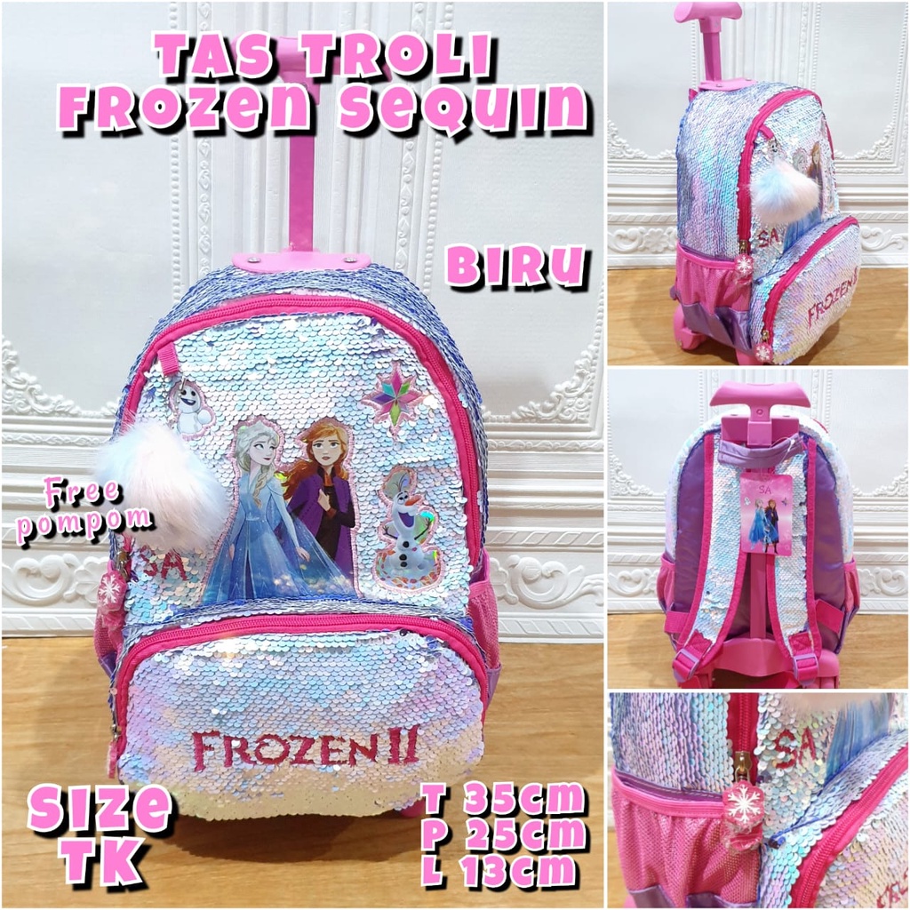 Tas Sekolah Troli Anak TK dan SD Motif Sequin Pink LOL dan Unicorn Tas Koper Dorong Anak Perempuan