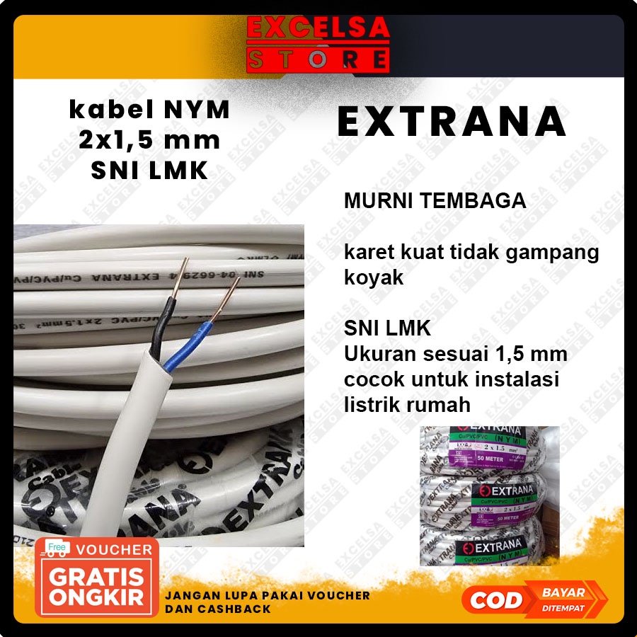 kabel NYM 2x1,5 / 2*1,5 SNI LMK EXTRANA FUCOS ETERNA SUPREME TEMBAGA