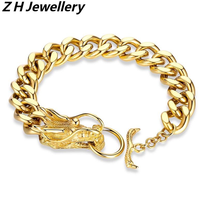 [Z H Perhiasan] Hip Hop Rock Retro Pria Fashion 18 K Stainless Steel Naga Gelang Pesta Perhiasan Aksesoris 19 Cm~21 cm