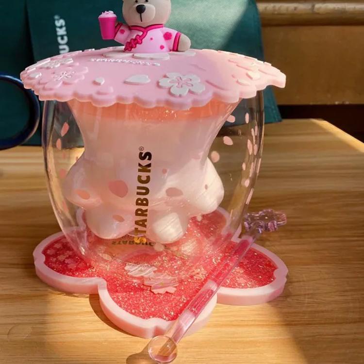 Makin murahStarbucks Cat Paw Cup Pink Sakura Double Coffee Milk Wall Glass Mug Anniversary Christmas