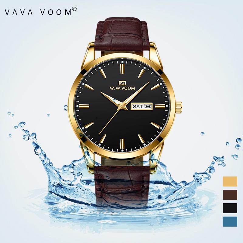 VAVAVOOM Jam Tangan Pria Original Anti Air Tahan Kulit Analog Men Watch Hitam Putih Biru Cod-4