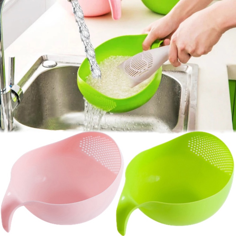 1pc Colander Saringan Beras Bahan Plastik Warna-Warni Dengan Gagang/Keranjang Saringan Cuci Buah Sayuran Gadget Dapur