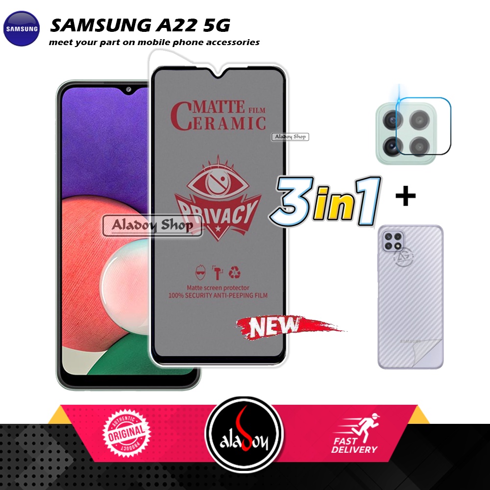 Tempered Glass Anti SPY Samsung A22 5G Anti Gores Privacy + Tempered Glass kamera dan Skin Carbon