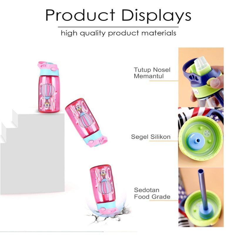 Botol Minum Anak dilengkapi Sedotan Motif Lucu Karakter 480ml BPA FREE Q8359