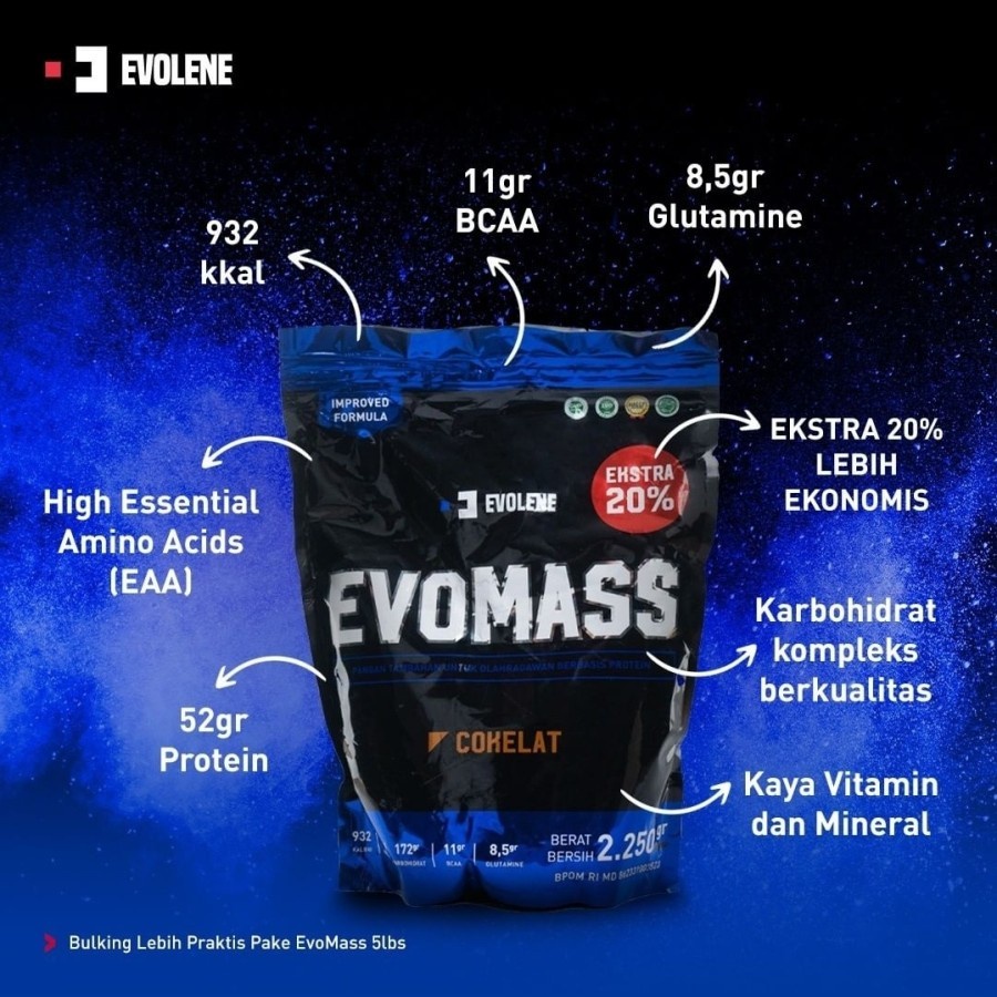 Evolene Evomass 5 lbs 2,26 kg Evo Mass Susu Protein Otot Mass Gainer Penambah Berat Badan
