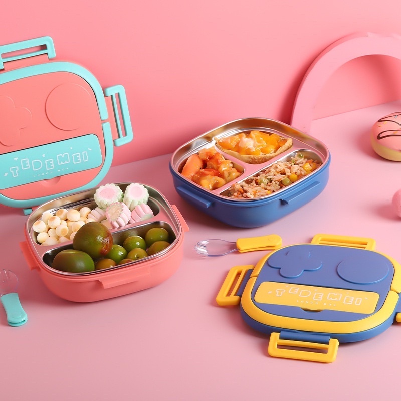 Lunch Box TEDEMEI 3 Sekat Stainless Box Bento Set Kotak Bekal Makan Kekinian Anti Tumpah Simple