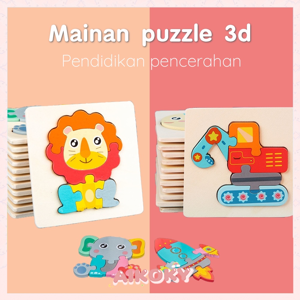 Aikoky Mainan puzzle 3d hewan wooden puzzle transportasi mainan edukasi anak