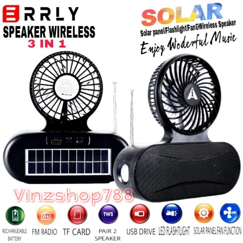 Speaker Bluetooth Solar Kipas Angin ERRLY AL-138 Speaker 3in1 Wireless Portable AL138 Speaker Radio Bluetooth + FAN FUNCTION  Dengan Panel Surya Charger Matahari