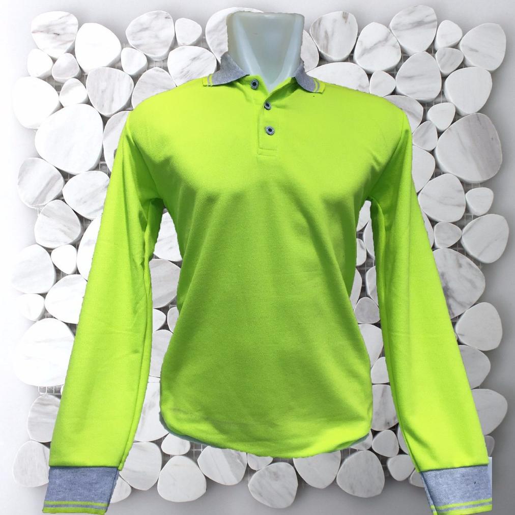 Kekinian Kerah  Lengan Panjang Hijau Stabilo / Kaos Berkerah Lengan Panjang Pria / Kaos Kerah Panjan