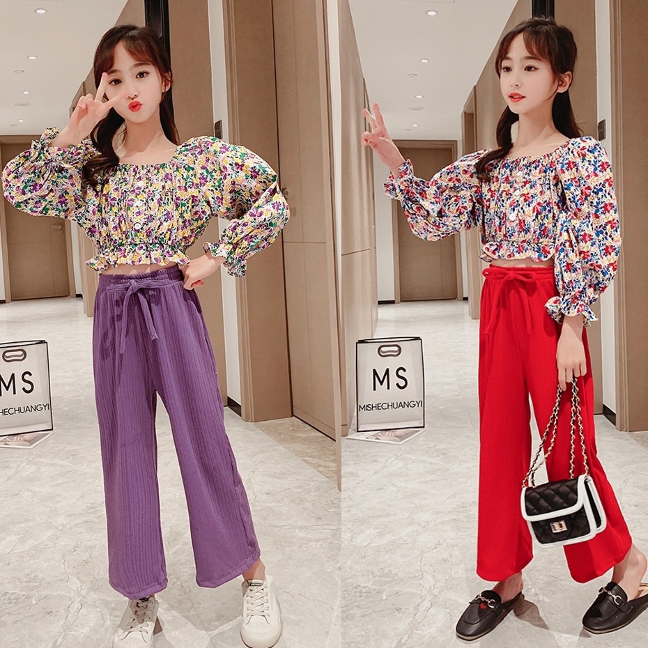 SSP55-Setelan Set Anak Korea Perempuan Blouse Crop Bunga2 + Celana Kulot Plisket